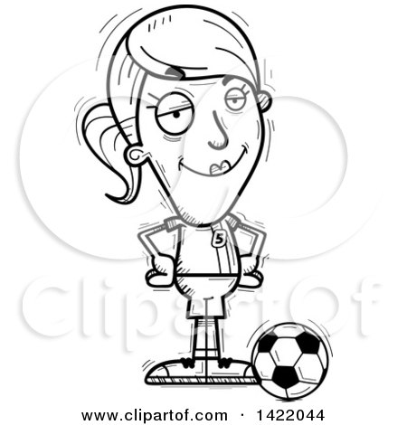 Clipart of a Cartoon Black and White Lineart Doodled Confident Female Soccer Player with Hands on Her Hips - Royalty Free Vector Illustration by Cory Thoman