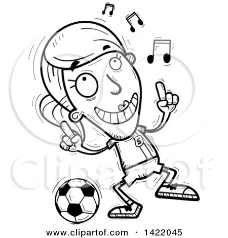 Clipart of a Cartoon Black and White Lineart Doodled Female Soccer Player Dancing to Music - Royalty Free Vector Illustration by Cory Thoman