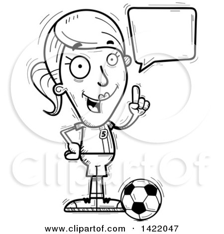 Clipart of a Cartoon Black and White Lineart Doodled Female Soccer Player Holding up a Finger and Talking - Royalty Free Vector Illustration by Cory Thoman