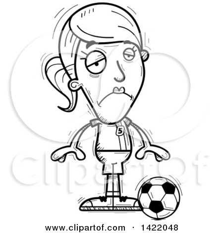 Clipart of a Cartoon Black and White Lineart Doodled Depressed Female Soccer Player - Royalty Free Vector Illustration by Cory Thoman
