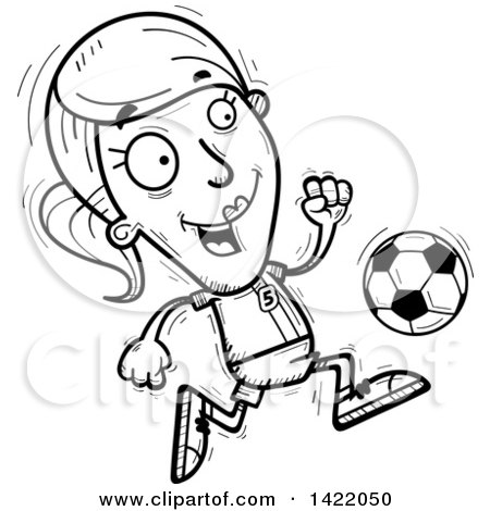 Clipart of a Cartoon Black and White Lineart Doodled Female Soccer Player Running - Royalty Free Vector Illustration by Cory Thoman