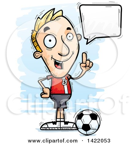 Clipart of a Cartoon Doodled Male Soccer Player Holding up a Finger and Talking - Royalty Free Vector Illustration by Cory Thoman