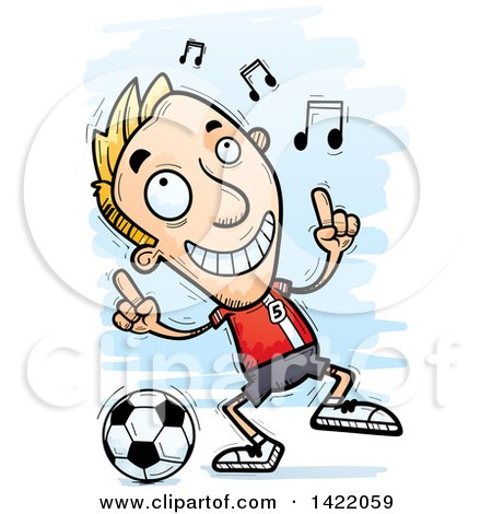 Clipart of a Cartoon Doodled Male Soccer Player Dancing to Music - Royalty Free Vector Illustration by Cory Thoman