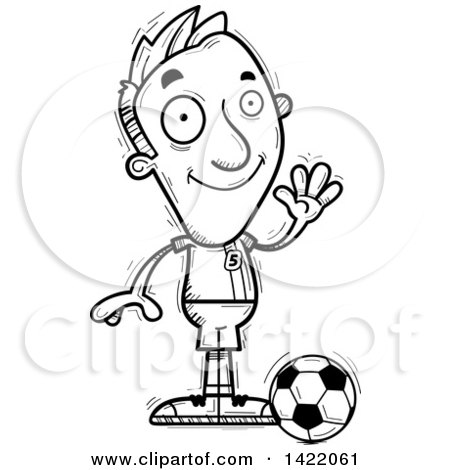 Clipart of a Cartoon Black and White Lineart Doodled Male Soccer Player Waving - Royalty Free Vector Illustration by Cory Thoman