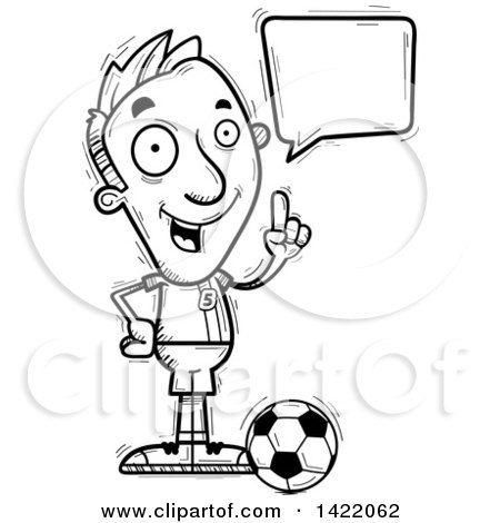 Clipart of a Cartoon Black and White Lineart Doodled Male Soccer Player Holding up a Finger and Talking - Royalty Free Vector Illustration by Cory Thoman