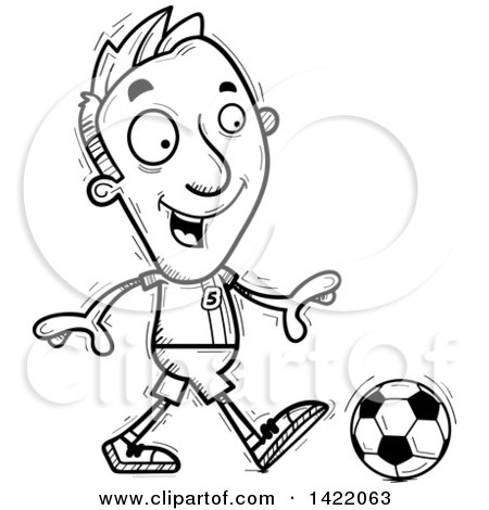 Clipart of a Cartoon Black and White Lineart Doodled Male Soccer Player Walking - Royalty Free Vector Illustration by Cory Thoman