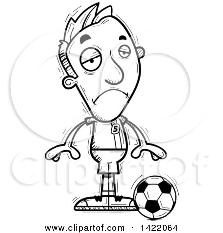 Clipart of a Cartoon Black and White Lineart Doodled Depressed Male Soccer Player - Royalty Free Vector Illustration by Cory Thoman