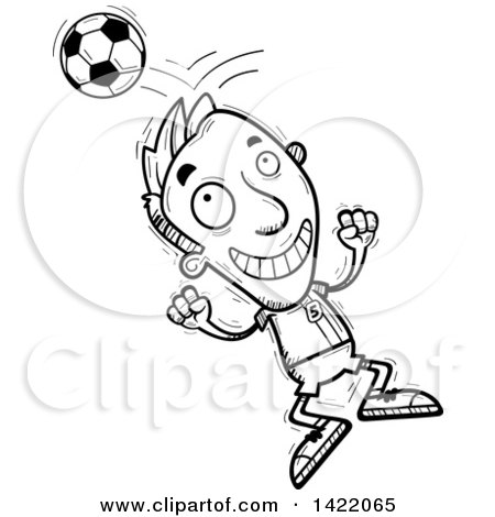 Clipart of a Cartoon Black and White Lineart Doodled Male Soccer Player Jumping and Bouncing a Ball off of His Head - Royalty Free Vector Illustration by Cory Thoman