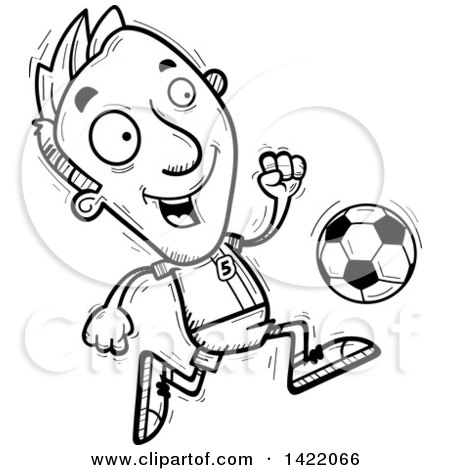 Clipart of a Cartoon Black and White Lineart Doodled Male Soccer Player Running - Royalty Free Vector Illustration by Cory Thoman