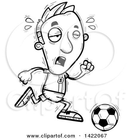 Clipart of a Cartoon Black and White Lineart Doodled Exhausted Male Soccer Player Running - Royalty Free Vector Illustration by Cory Thoman