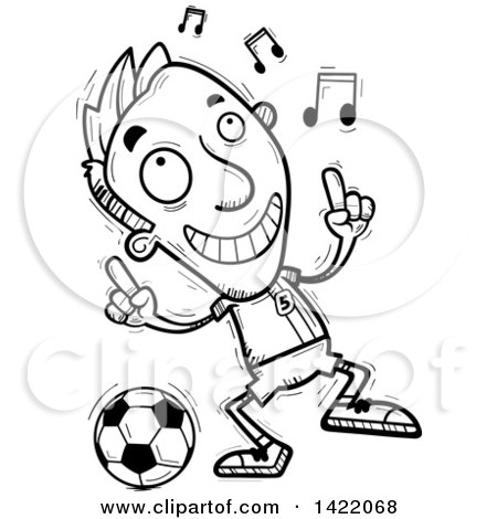 Clipart of a Cartoon Black and White Lineart Doodled Male Soccer Player Dancing to Music - Royalty Free Vector Illustration by Cory Thoman
