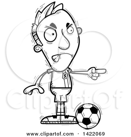 Clipart of a Cartoon Black and White Lineart Doodled Male Soccer Player Angrily Pointing the Finger - Royalty Free Vector Illustration by Cory Thoman