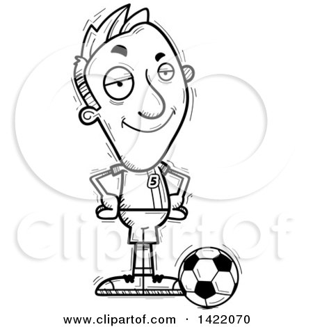 Clipart of a Cartoon Black and White Lineart Doodled Confident Male Soccer Player with Hands on His Hips - Royalty Free Vector Illustration by Cory Thoman