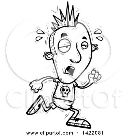 Clipart of a Cartoon Black and White Lineart Doodled Exhausted Punk Dude Running - Royalty Free Vector Illustration by Cory Thoman