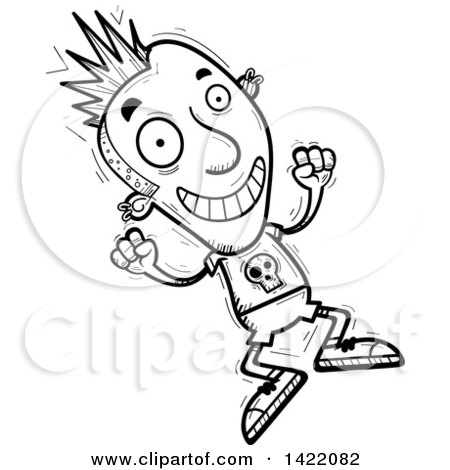 Clipart of a Cartoon Black and White Lineart Doodled Punk Dude Jumping for Joy - Royalty Free Vector Illustration by Cory Thoman