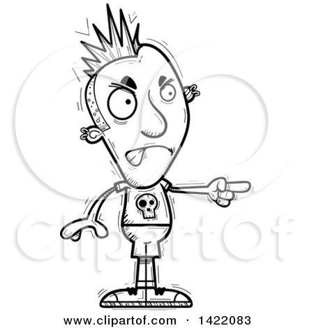 Clipart of a Cartoon Black and White Lineart Doodled Punk Dude Angrily Pointing the Finger - Royalty Free Vector Illustration by Cory Thoman