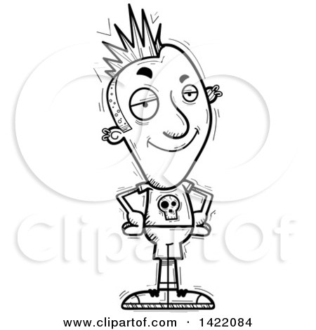 Clipart of a Cartoon Black and White Lineart Doodled Confident Punk Dude with Hands on His Hips - Royalty Free Vector Illustration by Cory Thoman