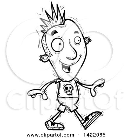 Clipart of a Cartoon Black and White Lineart Doodled Punk Dude Walking - Royalty Free Vector Illustration by Cory Thoman