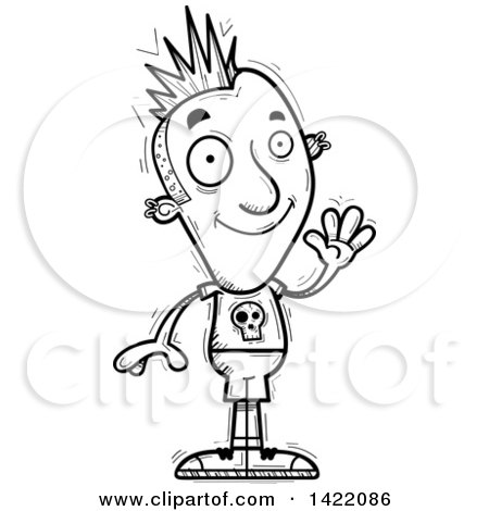 Clipart of a Cartoon Black and White Lineart Doodled Punk Dude Waving - Royalty Free Vector Illustration by Cory Thoman
