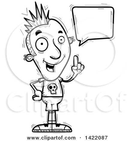 Clipart of a Cartoon Black and White Lineart Doodled Punk Dude Holding up a Finger and Talking - Royalty Free Vector Illustration by Cory Thoman