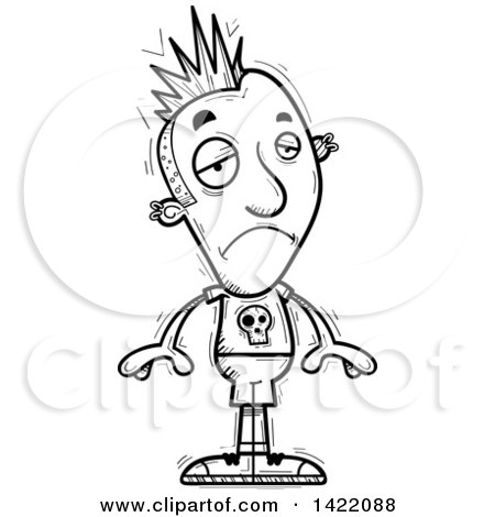 Clipart of a Cartoon Black and White Lineart Doodled Depressed Punk Dude - Royalty Free Vector Illustration by Cory Thoman