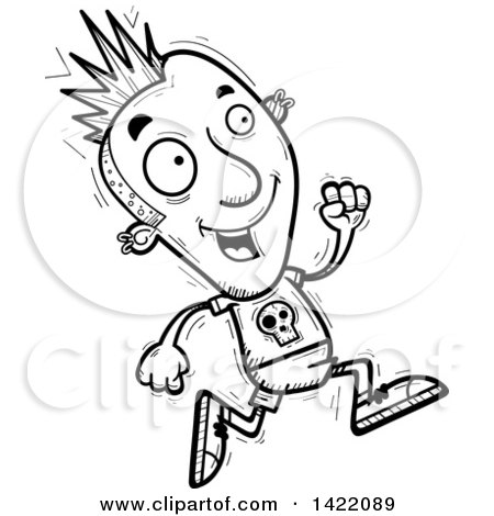 Clipart of a Cartoon Black and White Lineart Doodled Punk Dude Running - Royalty Free Vector Illustration by Cory Thoman
