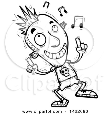 Clipart of a Cartoon Black and White Lineart Doodled Punk Dude Dancing to Music - Royalty Free Vector Illustration by Cory Thoman