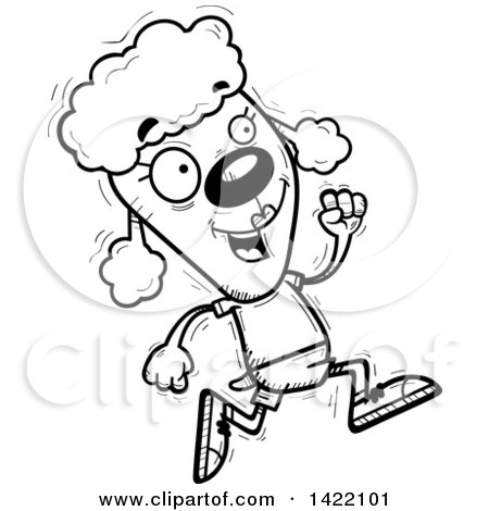 Clipart of a Cartoon Black and White Lineart Doodled Female Poodle Running - Royalty Free Vector Illustration by Cory Thoman