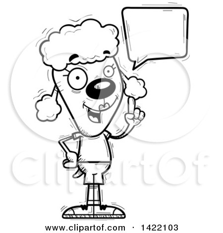 Clipart of a Cartoon Black and White Lineart Doodled Female Poodle Holding up a Finger and Talking - Royalty Free Vector Illustration by Cory Thoman