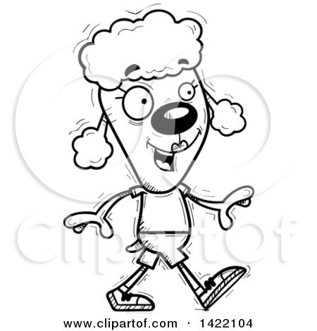 Clipart of a Cartoon Black and White Lineart Doodled Female Poodle Walking - Royalty Free Vector Illustration by Cory Thoman