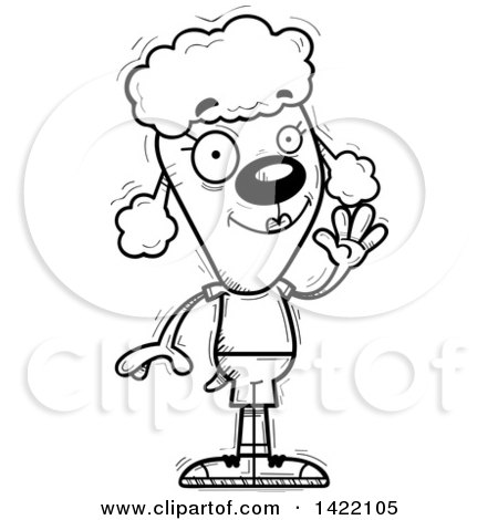 Clipart of a Cartoon Black and White Lineart Doodled Female Poodle Waving - Royalty Free Vector Illustration by Cory Thoman
