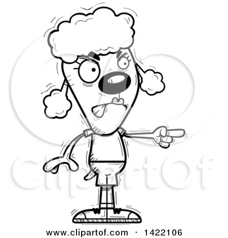 Clipart of a Cartoon Black and White Lineart Doodled Female Poodle Angrily Pointing the Finger - Royalty Free Vector Illustration by Cory Thoman