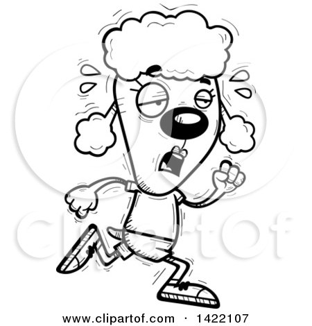 Clipart of a Cartoon Black and White Lineart Doodled Exhausted Female Poodle Running - Royalty Free Vector Illustration by Cory Thoman