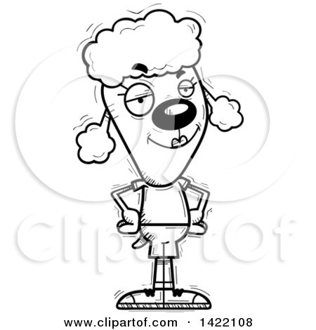 Clipart of a Cartoon Black and White Lineart Doodled Confident Female Poodle with Hands on Her Hips - Royalty Free Vector Illustration by Cory Thoman