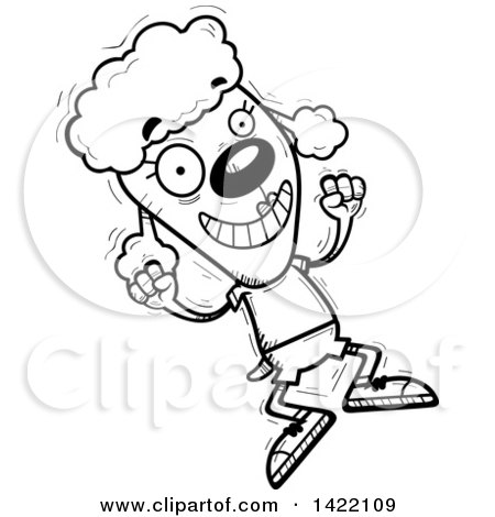 Clipart of a Cartoon Black and White Lineart Doodled Female Poodle Jumping for Joy - Royalty Free Vector Illustration by Cory Thoman