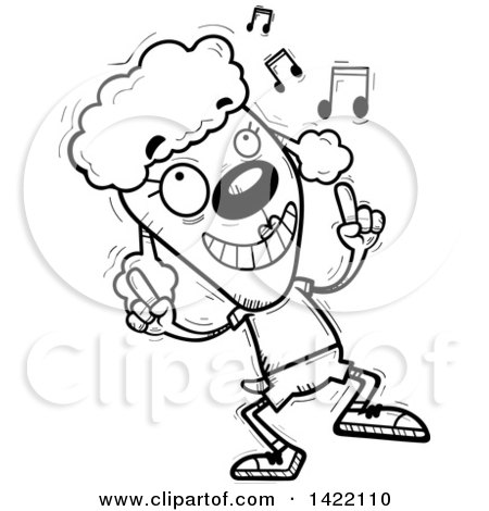 Clipart of a Cartoon Black and White Lineart Doodled Female Poodle Dancing to Music - Royalty Free Vector Illustration by Cory Thoman