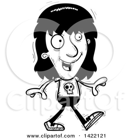 Clipart of a Cartoon Black and White Lineart Doodled Metal Head Guy Walking - Royalty Free Vector Illustration by Cory Thoman