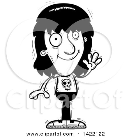 Clipart of a Cartoon Black and White Lineart Doodled Metal Head Guy Waving - Royalty Free Vector Illustration by Cory Thoman