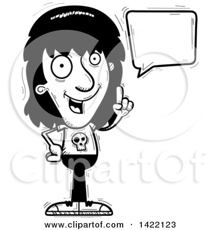 Clipart of a Cartoon Black and White Lineart Doodled Metal Head Guy Holding up a Finger and Talking - Royalty Free Vector Illustration by Cory Thoman