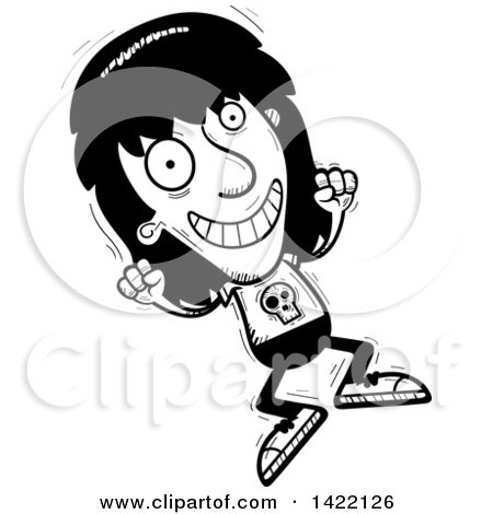 Clipart of a Cartoon Black and White Lineart Doodled Metal Head Guy Jumping for Joy - Royalty Free Vector Illustration by Cory Thoman
