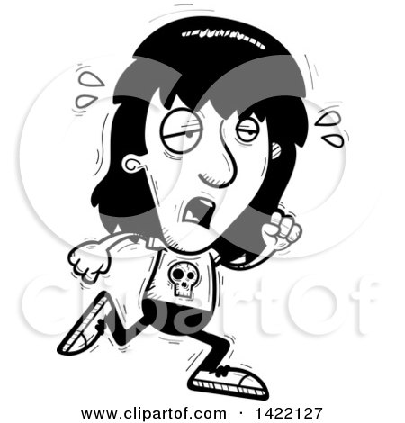 Clipart of a Cartoon Black and White Lineart Doodled Exhausted Metal Head Guy Running - Royalty Free Vector Illustration by Cory Thoman