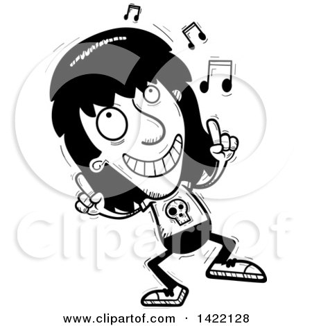 Clipart of a Cartoon Black and White Lineart Doodled Metal Head Guy Dancing to Music - Royalty Free Vector Illustration by Cory Thoman