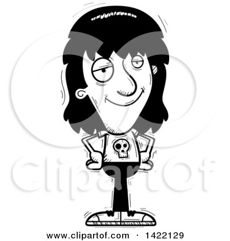 Clipart of a Cartoon Black and White Lineart Doodled Confident Metal Head Guy with Hands on His Hips - Royalty Free Vector Illustration by Cory Thoman