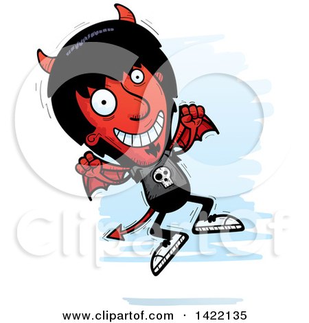 Clipart of a Cartoon Doodled Devil Jumping for Joy - Royalty Free Vector Illustration by Cory Thoman