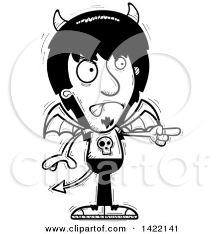 Clipart of a Cartoon Black and White Lineart Doodled Devil Angrily Pointing the Finger - Royalty Free Vector Illustration by Cory Thoman