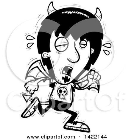 Clipart of a Cartoon Black and White Lineart Doodled Exhausted Devil Running - Royalty Free Vector Illustration by Cory Thoman