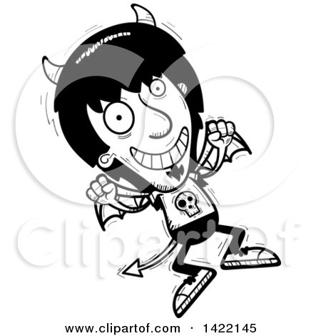 Clipart of a Cartoon Black and White Lineart Doodled Devil Jumping for Joy - Royalty Free Vector Illustration by Cory Thoman