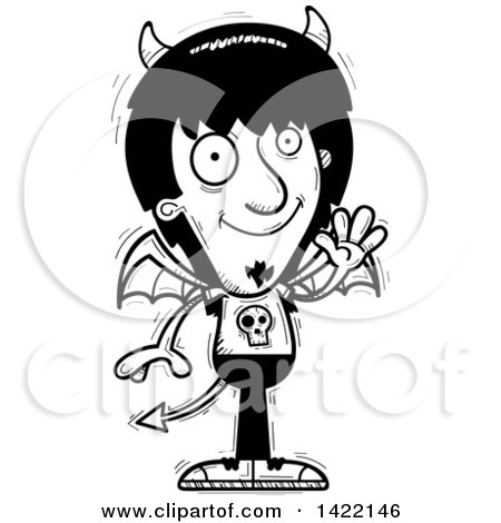 Clipart of a Cartoon Black and White Lineart Doodled Devil Waving - Royalty Free Vector Illustration by Cory Thoman