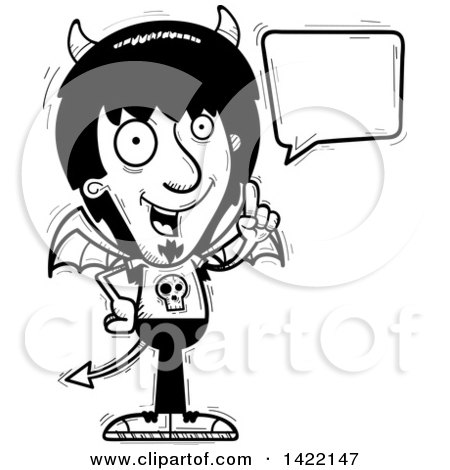 Clipart of a Cartoon Black and White Lineart Doodled Devil Holding up a Finger and Talking - Royalty Free Vector Illustration by Cory Thoman