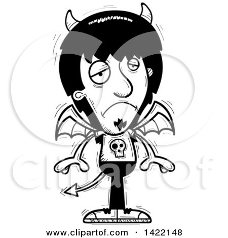 Clipart of a Cartoon Black and White Lineart Doodled Depressed Devil - Royalty Free Vector Illustration by Cory Thoman